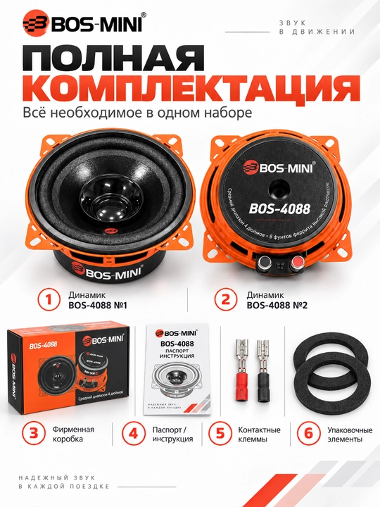 BOS MINI BOS-4086/BOS-4088 среднечастотные автодинамики 4″, 40 Вт