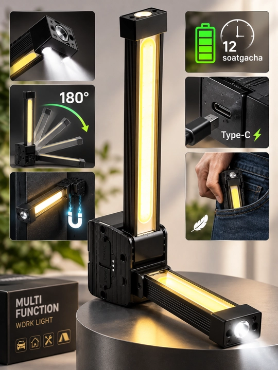 Многофункциональный LED фонарь — поворот 180°, COB + XPE, магнитный, Type-C - 