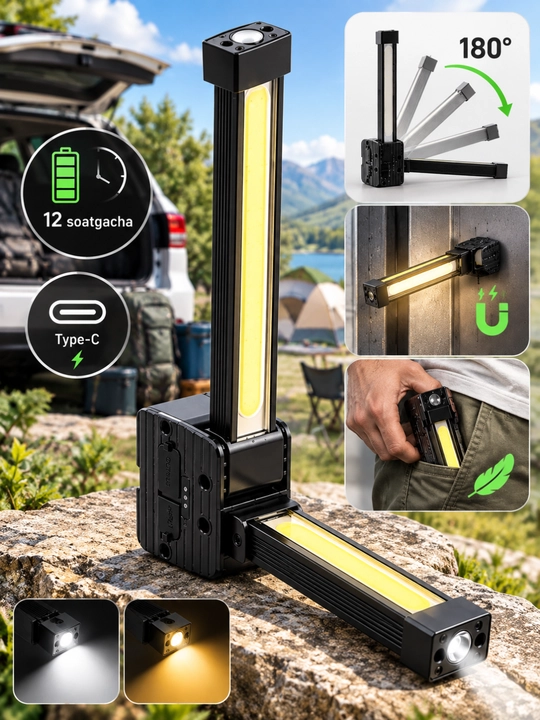 Ko‘p funksiyali LED fonar — 180° buriluvchi, 12 soatli quvvat, COB + XPE, magnitli, Type-C