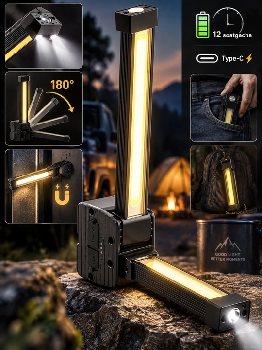 Ko‘p funksiyali LED fonar — 180° buriluvchi, 12 soatli quvvat, COB + XPE, magnitli, Type-C