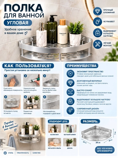 Угловая полка для ванной комнаты, одноярусная, алюминиевая