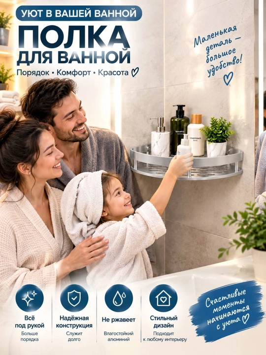 Угловая полка для ванной комнаты, одноярусная, алюминиевая