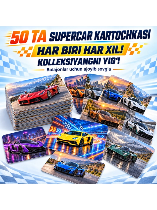 Bolalar uchun superkar kolleksion kartochkalari, 50 dona, 86×54 mm - 