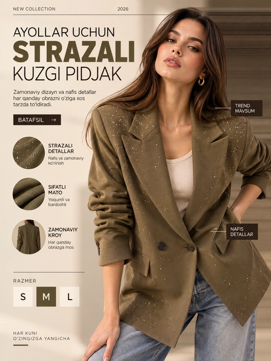 Ayollar pijaki, pidjak, strazali pidjak, jaket ayollar uchun, kuzgi kiyim, razmer S/M/L