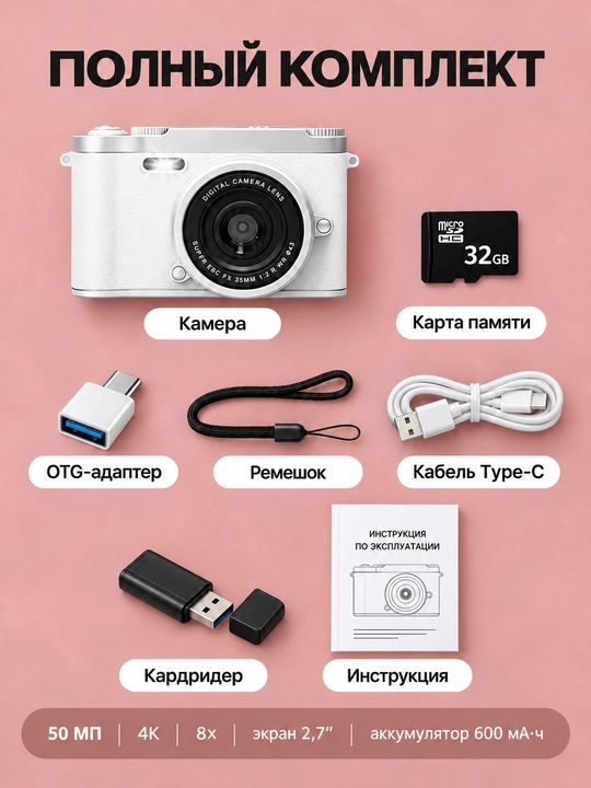 Raqamli retro fotoapparat, ixcham kamera, 128 GB xotira kartasi bilan