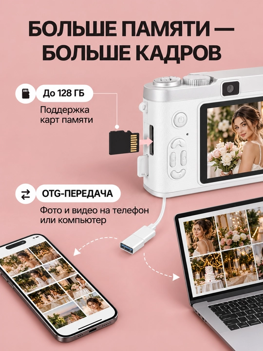 Raqamli retro fotoapparat, ixcham kamera, 128 GB xotira kartasi bilan