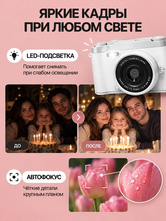 Raqamli retro fotoapparat, ixcham kamera, 128 GB xotira kartasi bilan
