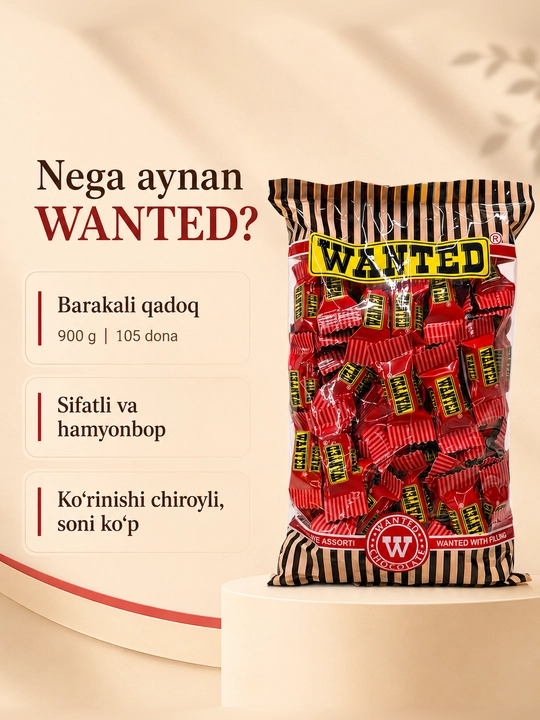 “WANTED Red Edition” nachinkaliy shokolad, 900 g, 105 dona ±2%, ishlab chiqaruvchi Ne’mat