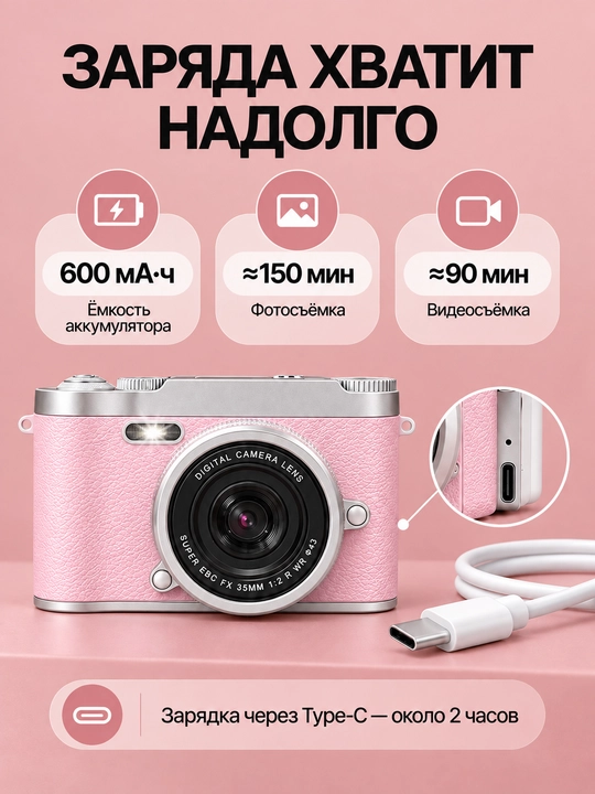 Raqamli retro fotoapparat, ixcham kamera, 128 GB xotira kartasi bilan