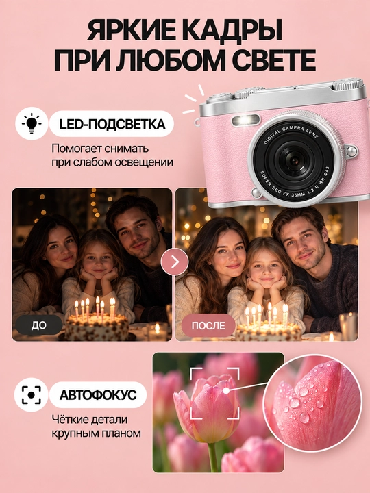 Raqamli retro fotoapparat, ixcham kamera, 128 GB xotira kartasi bilan