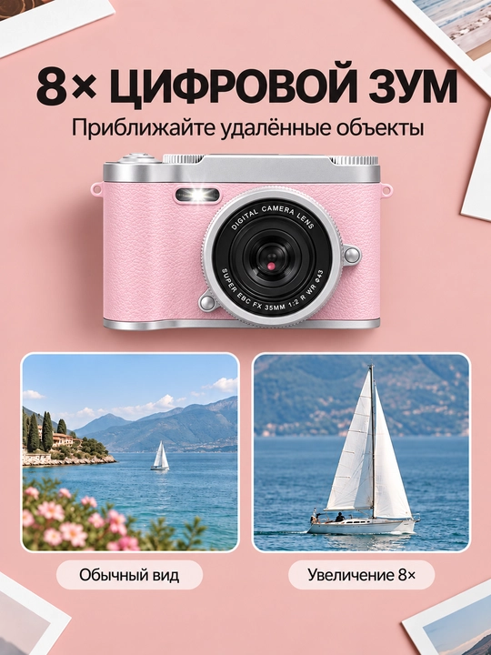 Raqamli retro fotoapparat, ixcham kamera, 128 GB xotira kartasi bilan