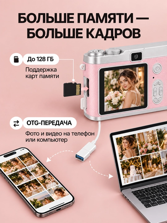 Raqamli retro fotoapparat, ixcham kamera, 128 GB xotira kartasi bilan