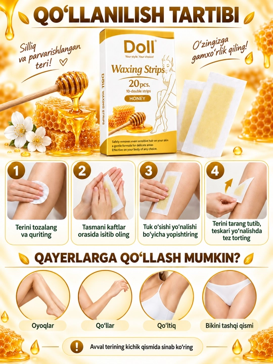 DOLL WAX восковые полоски для депиляции тела и лица, воск для волос, шугаринг, 20 штук
