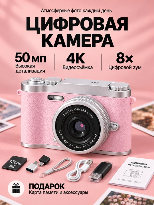Цифровой фотоаппарат ретро, компактная камера, карта памяти 128 ГБ - 