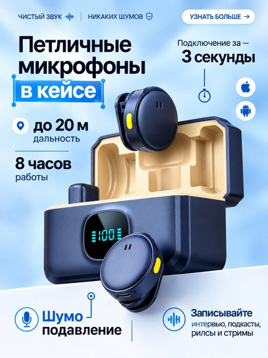 Беспроводной петличный микрофон для телефона (Type-C / Lightning) для контента и интервью