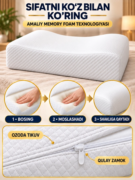 Yostiq, anatomik, Memory Foam, 50×70 sm, bosh va bo‘yin uchun tayanch, uyqu uchun