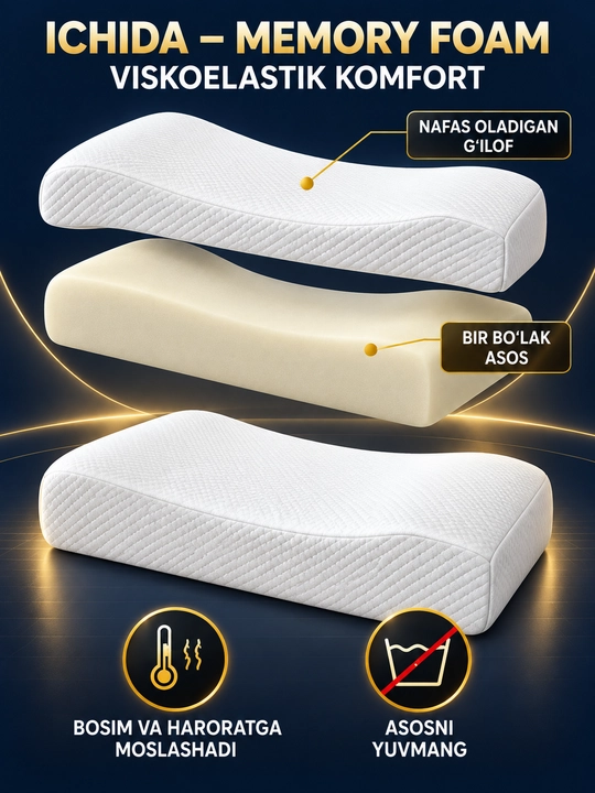 Yostiq, anatomik, Memory Foam, 50×70 sm, bosh va bo‘yin uchun tayanch, uyqu uchun