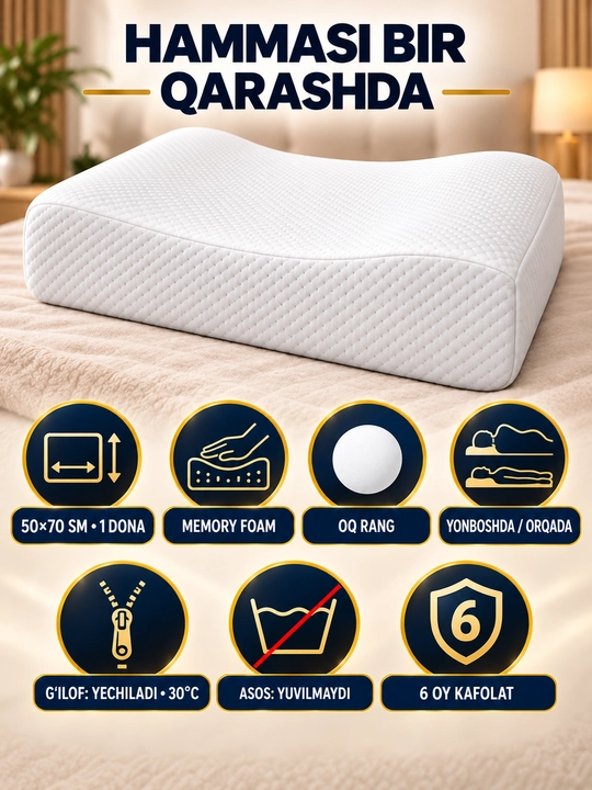 Yostiq, anatomik, Memory Foam, 50×70 sm, bosh va bo‘yin uchun tayanch, uyqu uchun
