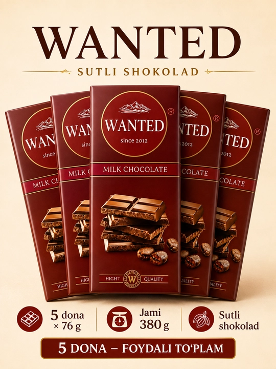 WANTED shokolad plitkasi, 76 g, 16.5 × 7.5 sm, 5 dona, ishlab chiqaruvchi Ne’mat - 