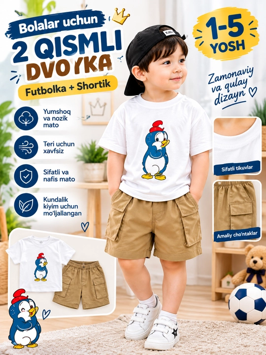 Bolalar 2qismli to'plami- fudbolka va shortik, 90-130 razmeri - 
