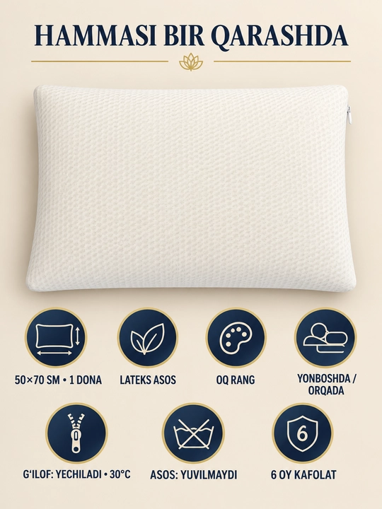 Yostiq, anatomik, Memory Foam, 50×70 sm, bosh va bo‘yin uchun tayanch, uyqu uchun