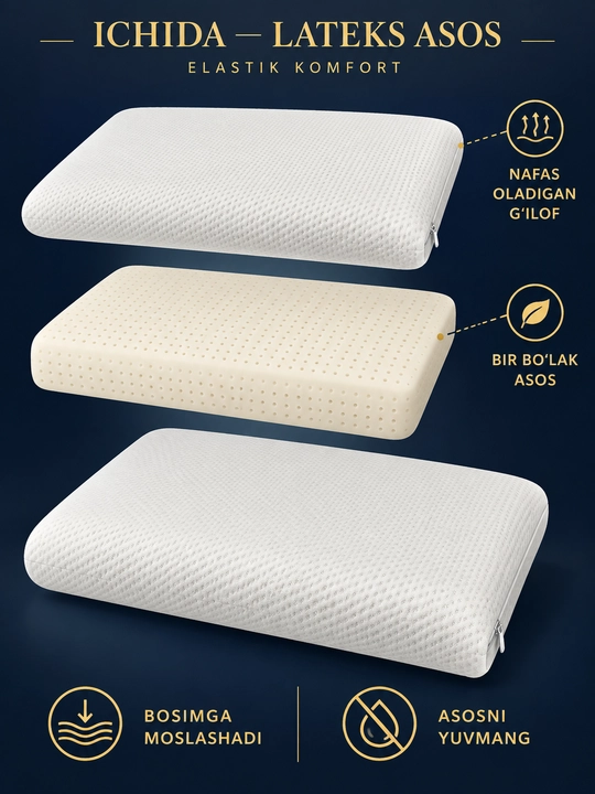 Yostiq, anatomik, Memory Foam, 50×70 sm, bosh va bo‘yin uchun tayanch, uyqu uchun