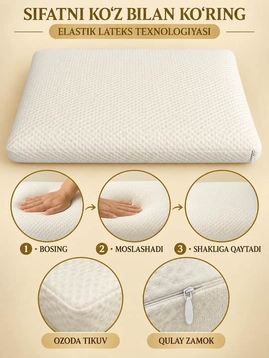 Yostiq, anatomik, Memory Foam, 50×70 sm, bosh va bo‘yin uchun tayanch, uyqu uchun