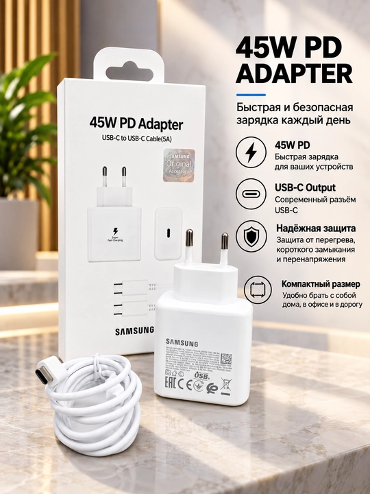 Samsung 25W/45W PD zaryadlovchi adapter, USB Type-C, Type-C–Type-C 3A/5A kabel bilan