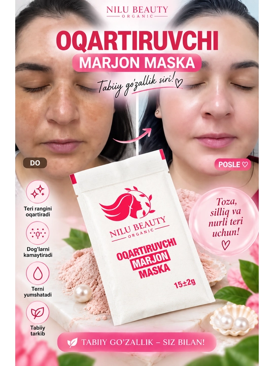 Yuz terisini oqartiruvchi va yoshartiruvchi, vitaminli MARJON niqobi - 