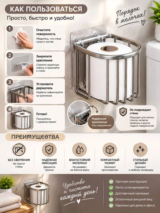 Держатель для туалетной бумаги без сверления, настенная подставка