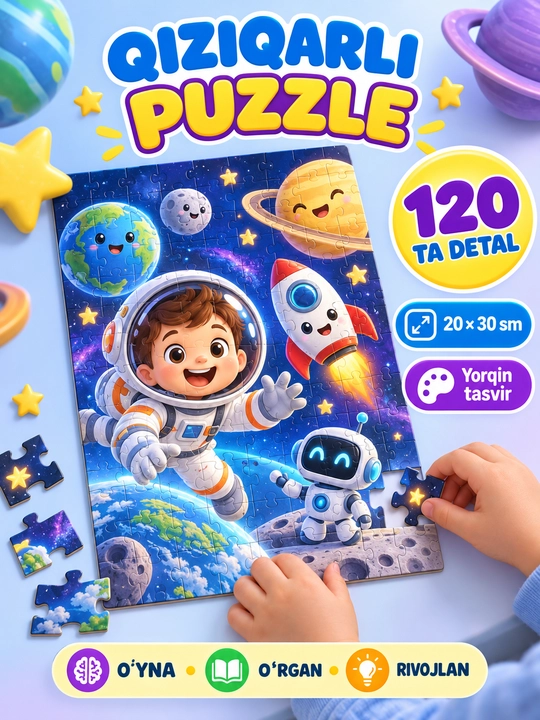 Bolalar uchun kosmik puzzle, 120 detal, 20×30 sm, rivojlantiruvchi o‘yin, 5+ - 