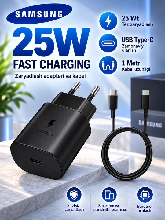 Зарядное устройство Samsung 25W/45W PD, адаптер USB Type-C + кабель Type-C–Type-C 3A/5A - 