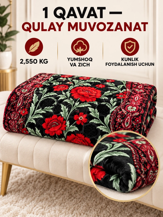 Adyol, 2 kishilik issiq, 1 qavatli 200×220 sm, 2,5 kg — uy va yotoqxona uchun qalin ko‘rpa