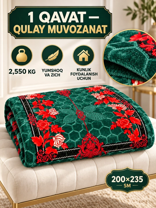 Adyol, 2 kishilik issiq, 1 qavatli 200×220 sm, 2,5 kg — uy va yotoqxona uchun qalin ko‘rpa