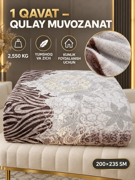 Adyol, 2 kishilik issiq, 1 qavatli 200×220 sm, 2,5 kg — uy va yotoqxona uchun qalin ko‘rpa