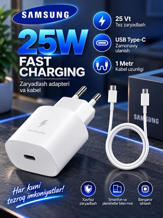 Зарядное устройство Samsung 25W/45W PD, адаптер USB Type-C + кабель Type-C–Type-C 3A/5A - 