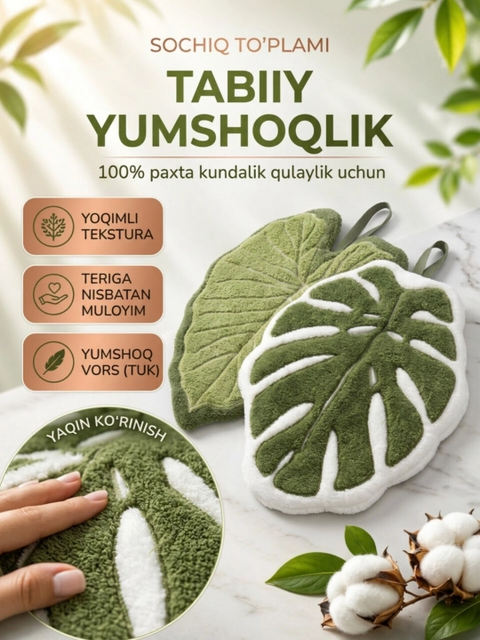 Barg shaklidagi yumshoq qo'l sochig'i, mikrofibra, osma ilmoqli, yashil, 2 dona - 