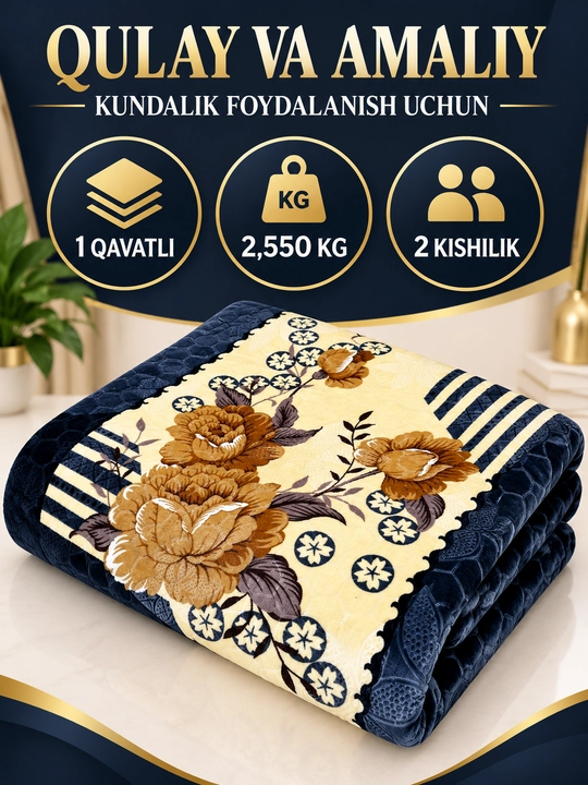 Adyol, 2 kishilik issiq, 1 qavatli 200×220 sm, 2,5 kg — uy va yotoqxona uchun qalin ko‘rpa