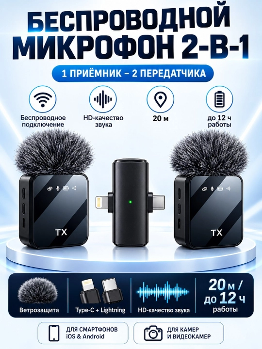 Беспроводной микрофон петличка F11 F15 Type-C Lightning AUX для iPhone Android и камер - 