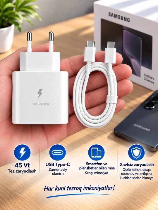 Samsung 25W/45W PD zaryadlovchi adapter, USB Type-C, Type-C–Type-C 3A/5A kabel bilan