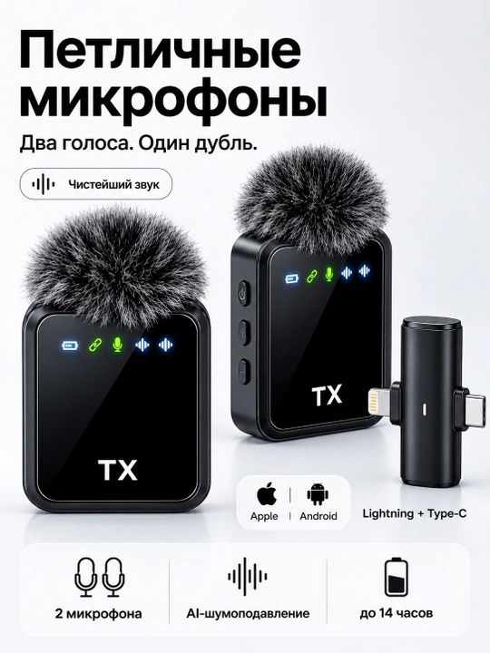 Беспроводной микрофон петличка F11 F15 Type-C Lightning AUX для iPhone Android и камер