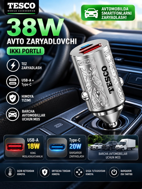 12V 38W avtomobil quvvatlagichi (2 USB, tez quvvatlash)