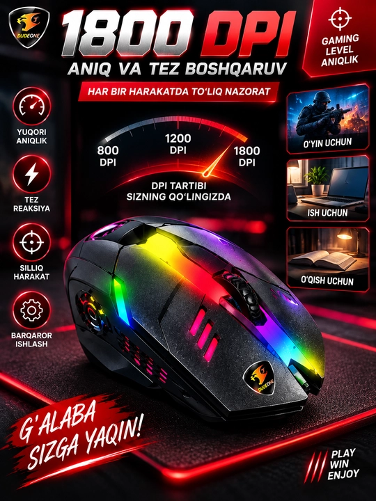 Игровая мышь DUDEONE 1800 DPI с RGB подсветкой для компьютера и ноутбука