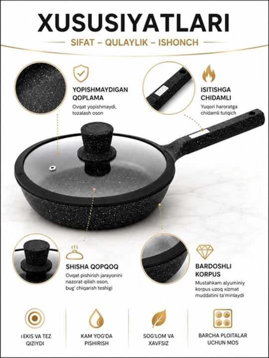 Сковородка HausRoland глубокая со стеклянной крышкой и длинной ручкой, черная - 
