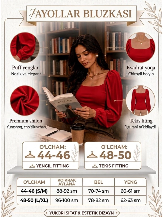 Ayollar bluzkasi, zamonaviy, ayollar va qizlar uchun top, o‘lchamlari 44-50
