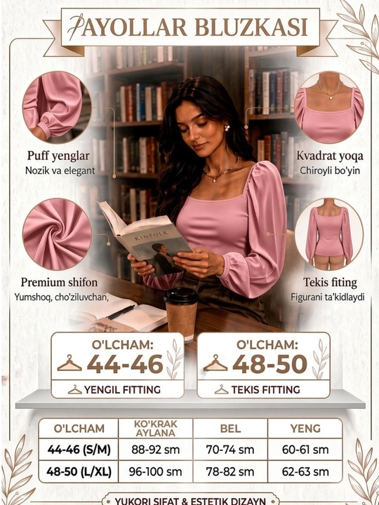 Ayollar bluzkasi, zamonaviy, ayollar va qizlar uchun top, o‘lchamlari 44-50