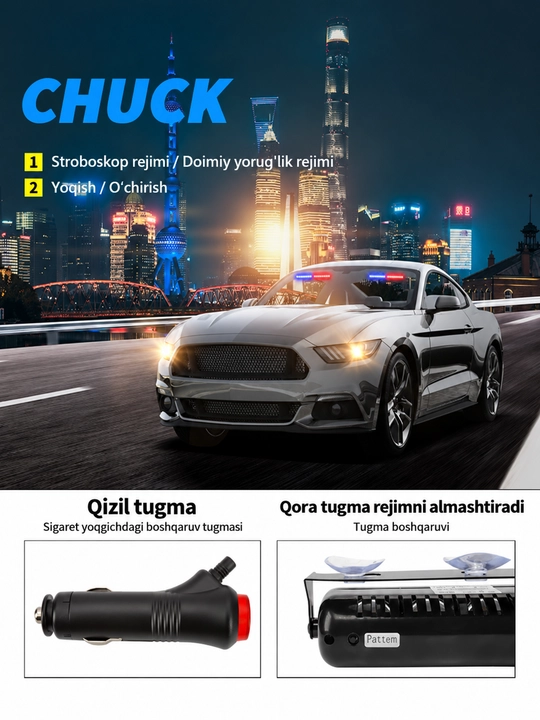 S8-A avtomobil LED stroboskop chirog‘i, 8 LED, 12V, pult va so‘rg‘ichlar bilan