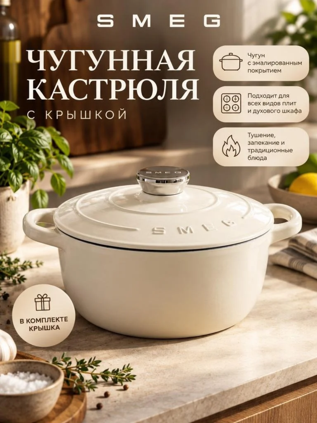 Dimlash, qaynatish va pishirish uchun SMEG qopqoqli cho‘yan qozon - 