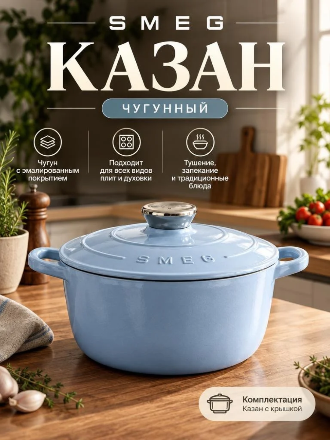 Dimlash, qaynatish va pishirish uchun SMEG qopqoqli cho‘yan qozon - 