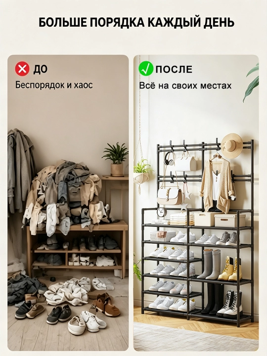 Обувница 2 секции с вешалкой, 162 см, для обуви и одежды, для дома